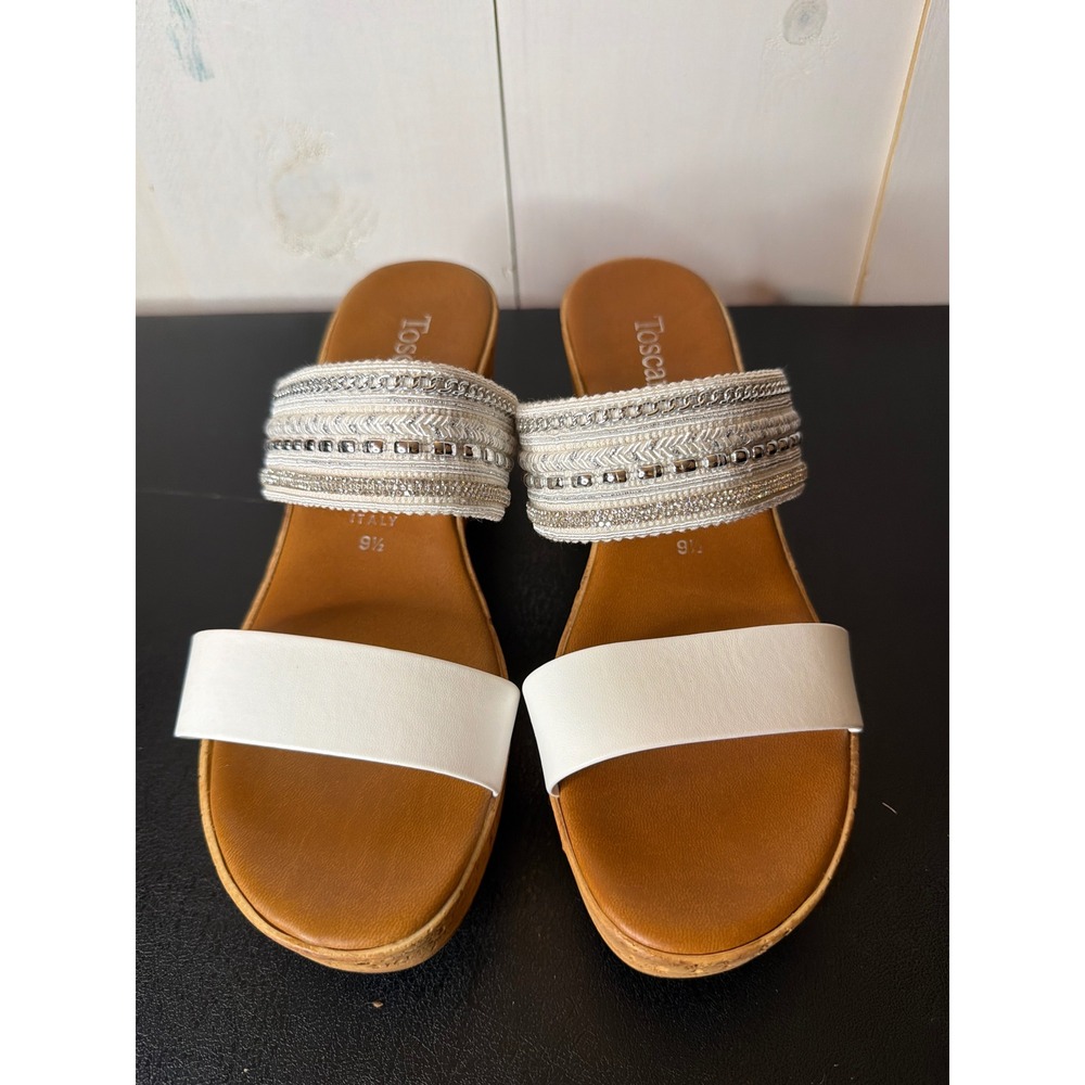 Toscanella Womens White Faux Leather Embellished Wedge Slide Sandals 9.5